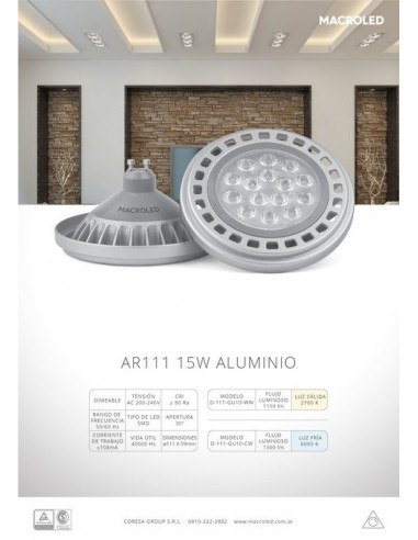 Macroled D-111-gu10-cw Dimerizable 15w/865 Ar-111 Alum Fria Lampara 30º Apertura 1425 Lm (180g Le1005)