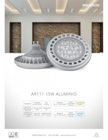 Macroled D-111-gu10-cw Dimerizable 15w/865 Ar-111 Alum Fria Lampara 30º Apertura 1425 Lm (180g Le1005)